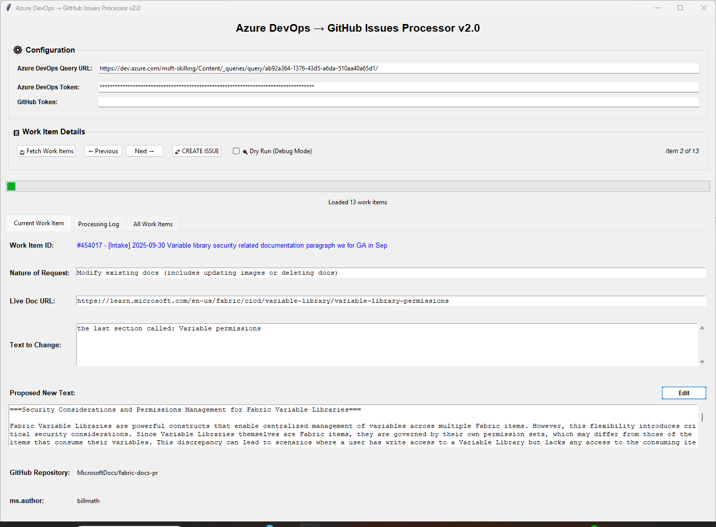 UI after fetching work items from Azure DevOps.